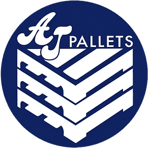 A blue circular logo featuring white stylized text reading "AJ PALLETS" above an illustration of stacked pallets viewed from an angle.